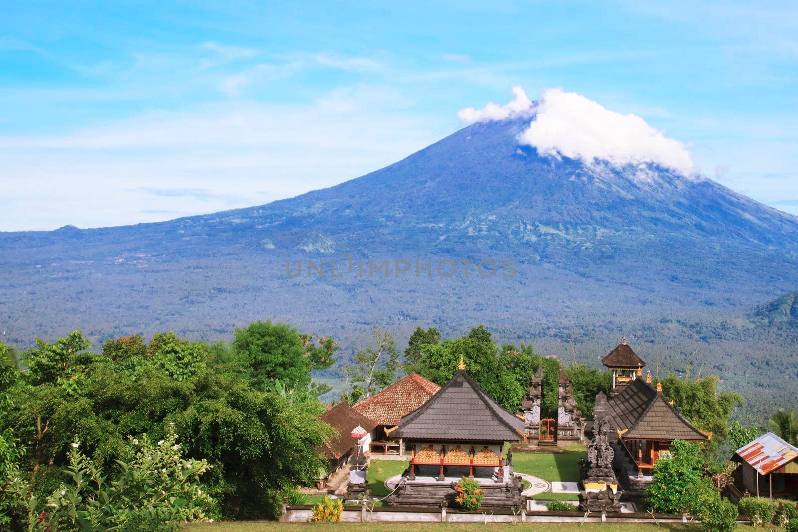 Pura Lempuyang temple with Mount Agung in the background in Bali, Indonesia. balinese culture