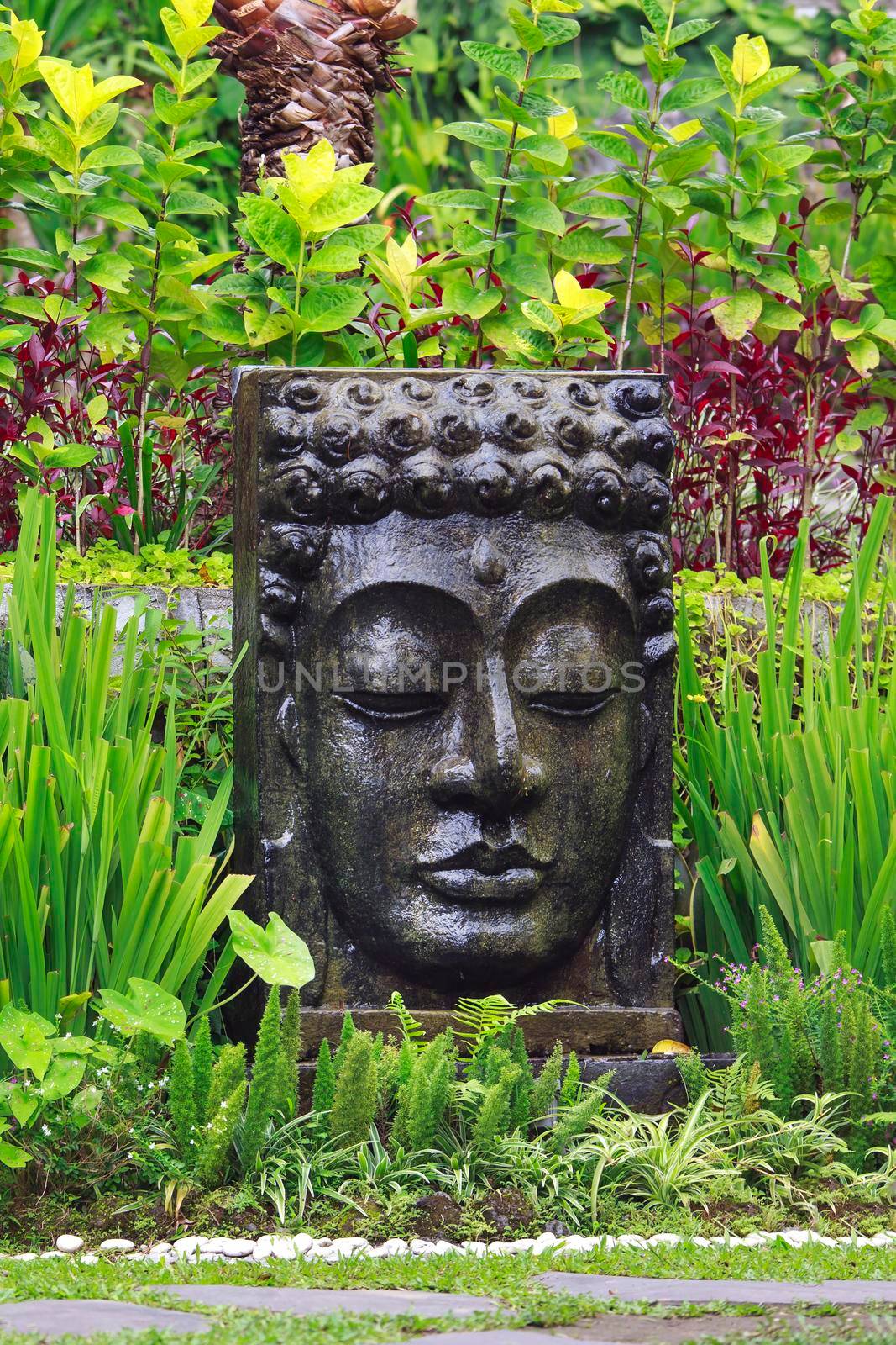 Buddha image with falling water in the tropical garden in Ubud, Bali. by Jyliana