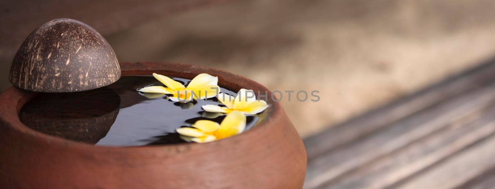 Touching nature. Clay jug relaxing and peaceful with flower plumeria or frangipani decorated on water in bowl in zen style for spa meditation mood