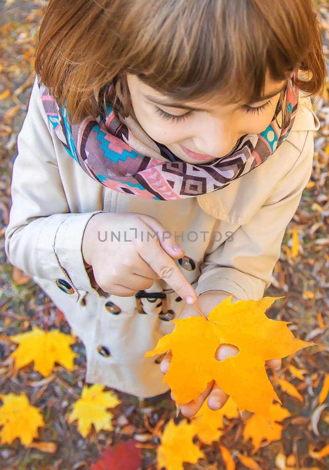 Children in the park with autumn leaves. Selective focus.