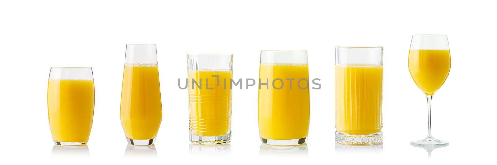 Collection of orange juice in different glasses . Separate clipping paths for each glass. by PhotoTime