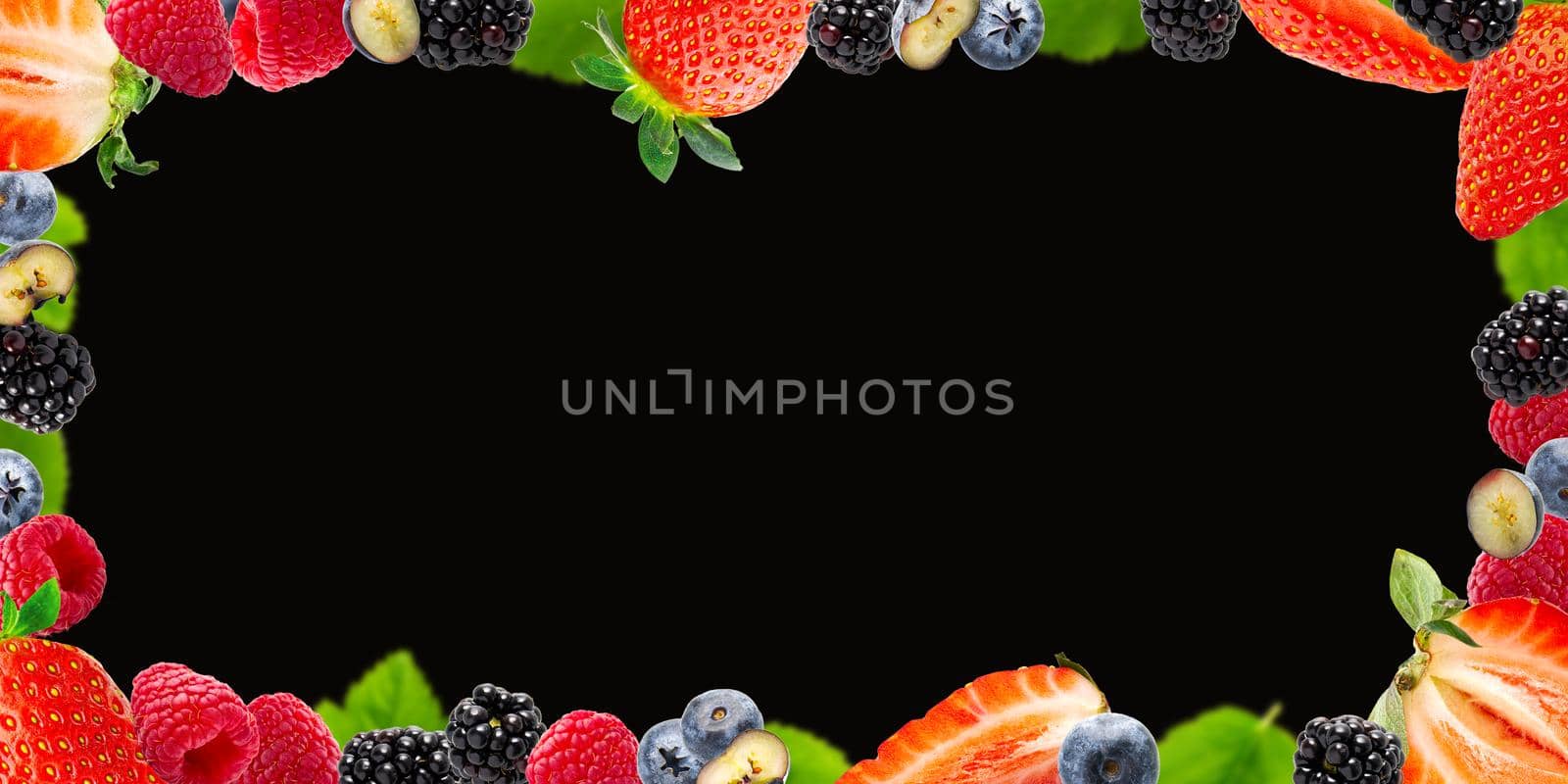 Berries Frame on white Background. Strawberry, Blueberry, Raspberries, and Blackberry. summer berries mockup frame