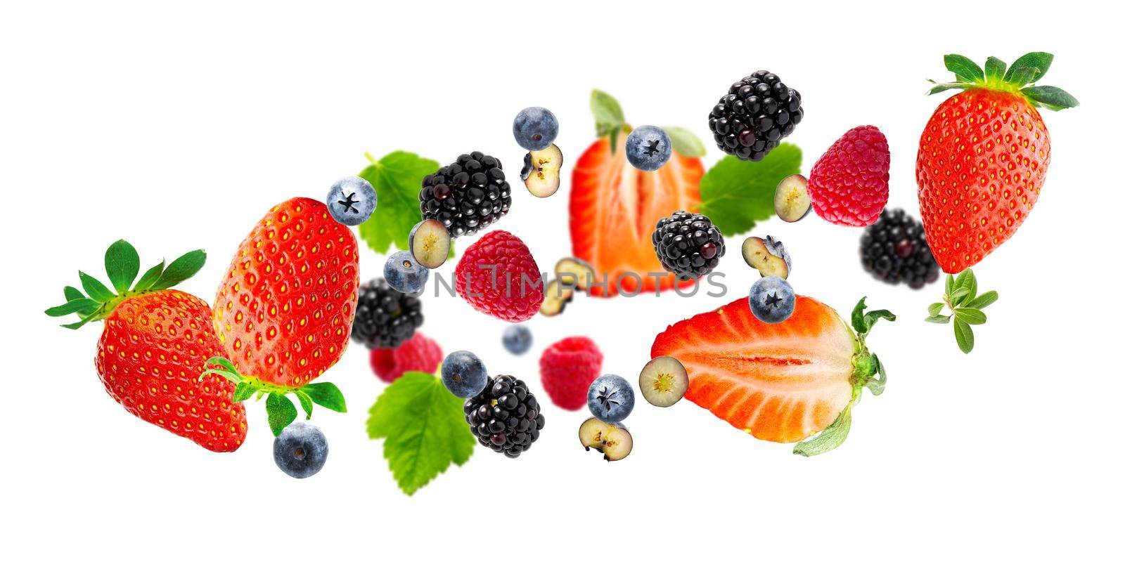 Summer Berries on white background. Strawberry, blueberry, raspberry, brumble. summer background by PhotoTime