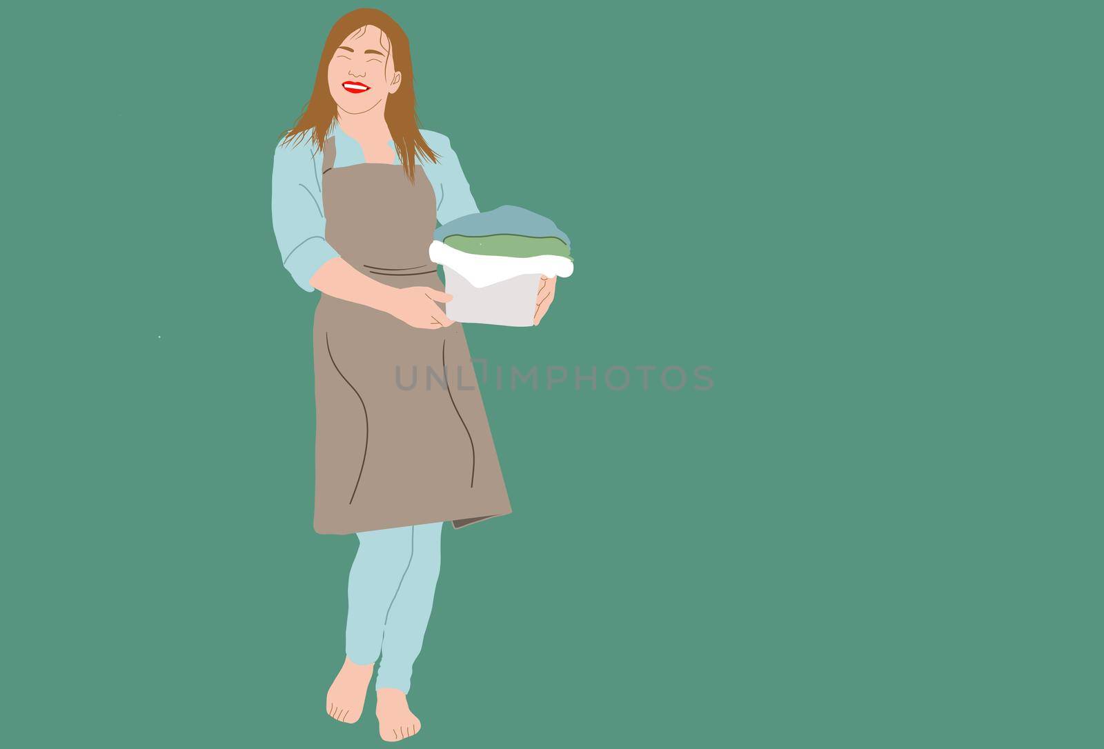 Woman Hand Washing Her Clothes and Doing Laundry squatting. Home people activity. Flat hand drawn illustration