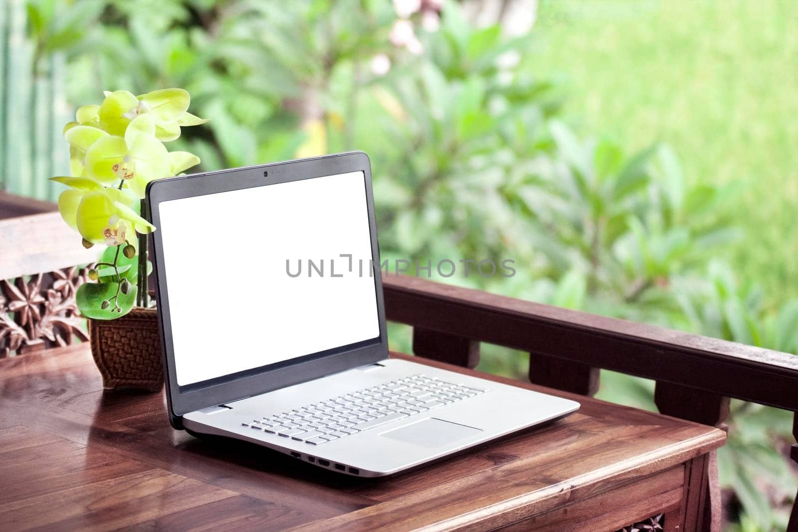 Laptop on wooden table nature. Asia garden