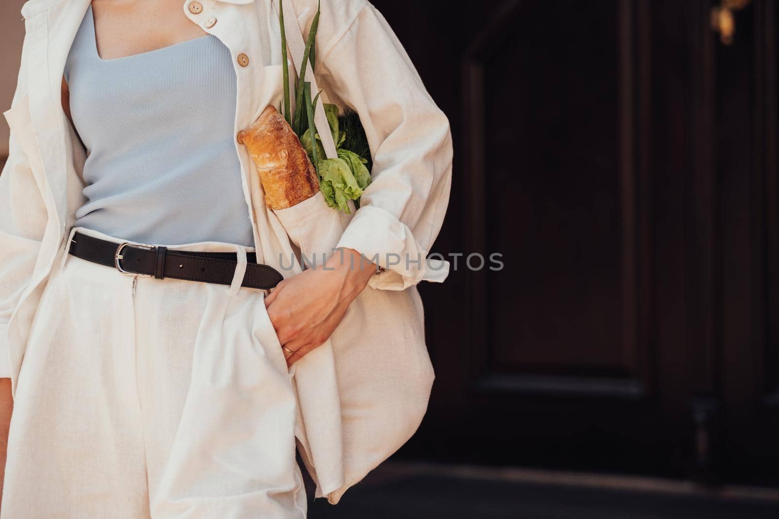 Unrecognisable Stylish Woman Holding Shopping the Eco Bag with Groceries Outdoors, Copy Space