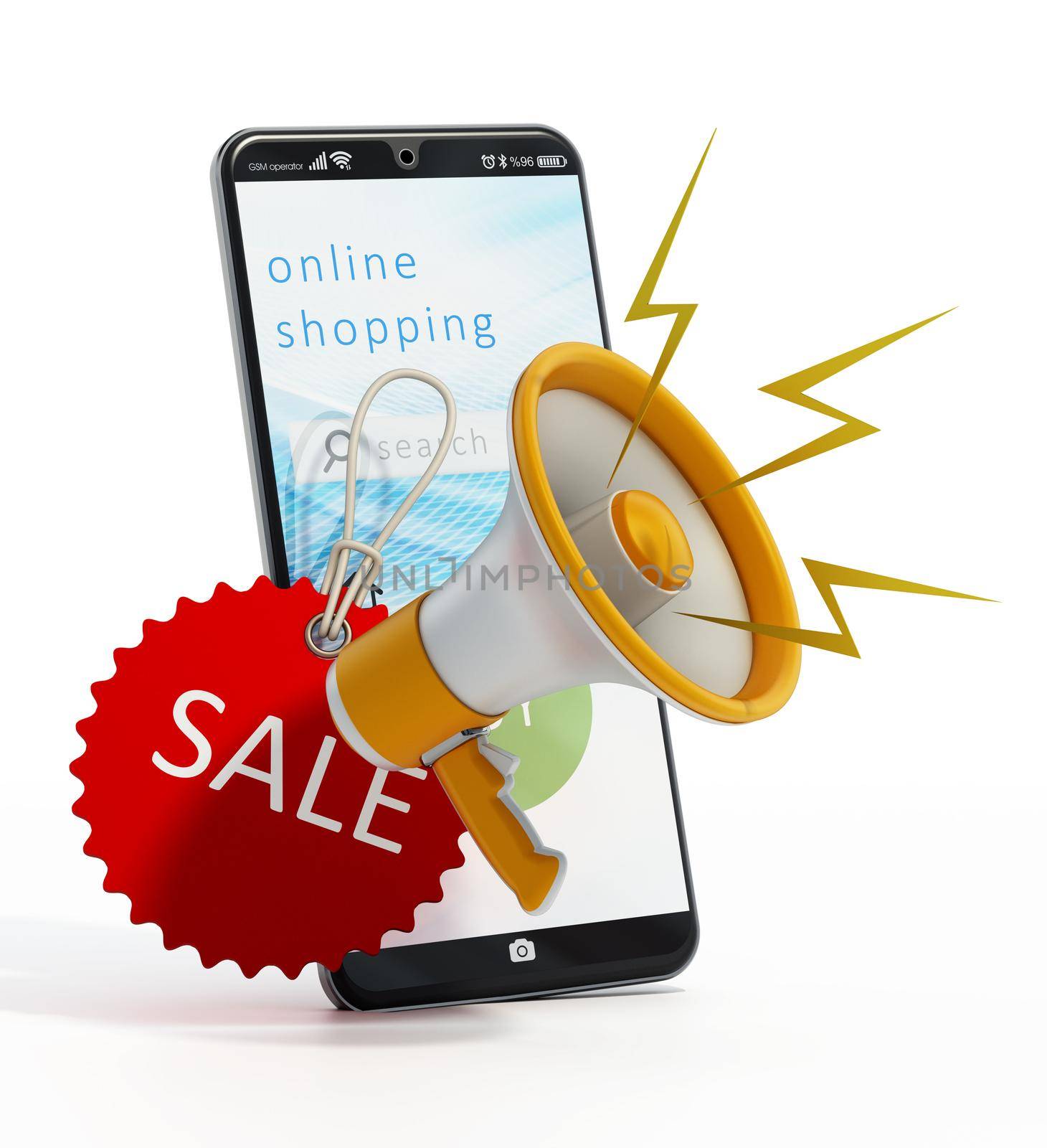 Megaphone, smartphone and sale tag. 3D illustration by Simsek
