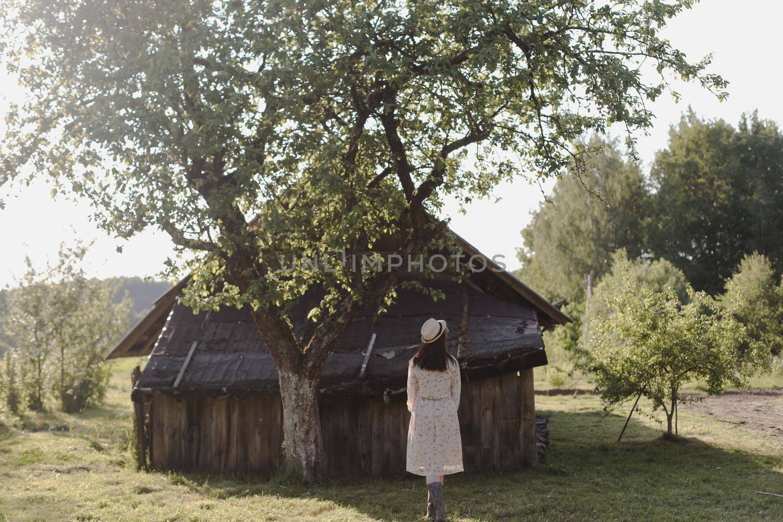 romantic portrait of a young woman in straw hat and beautiful dress in the countryside in summer by paralisart