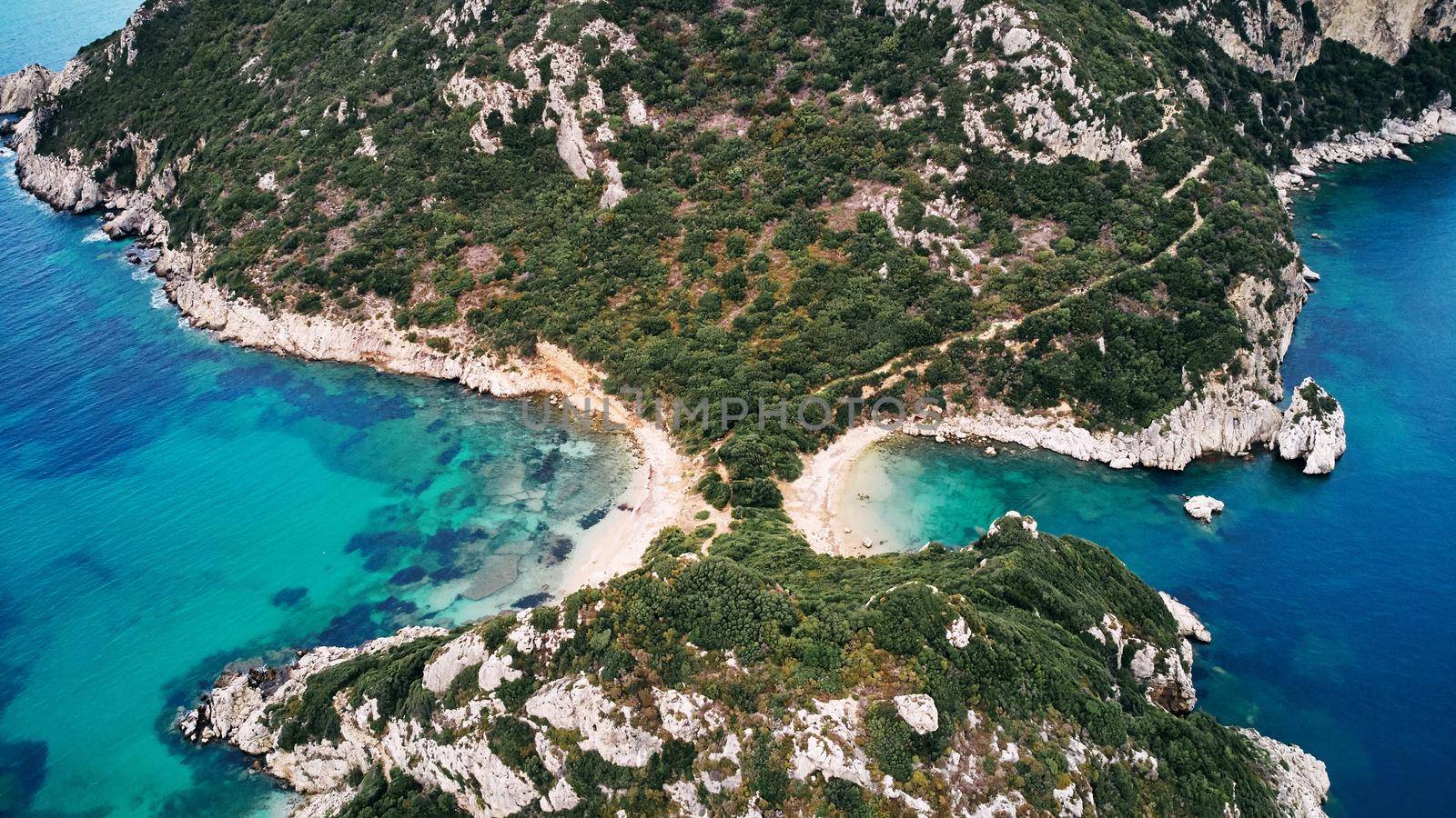 Aerial view of Porto Timoni beach and pirate bay on Corfu island in Greece. Ionian sea.
