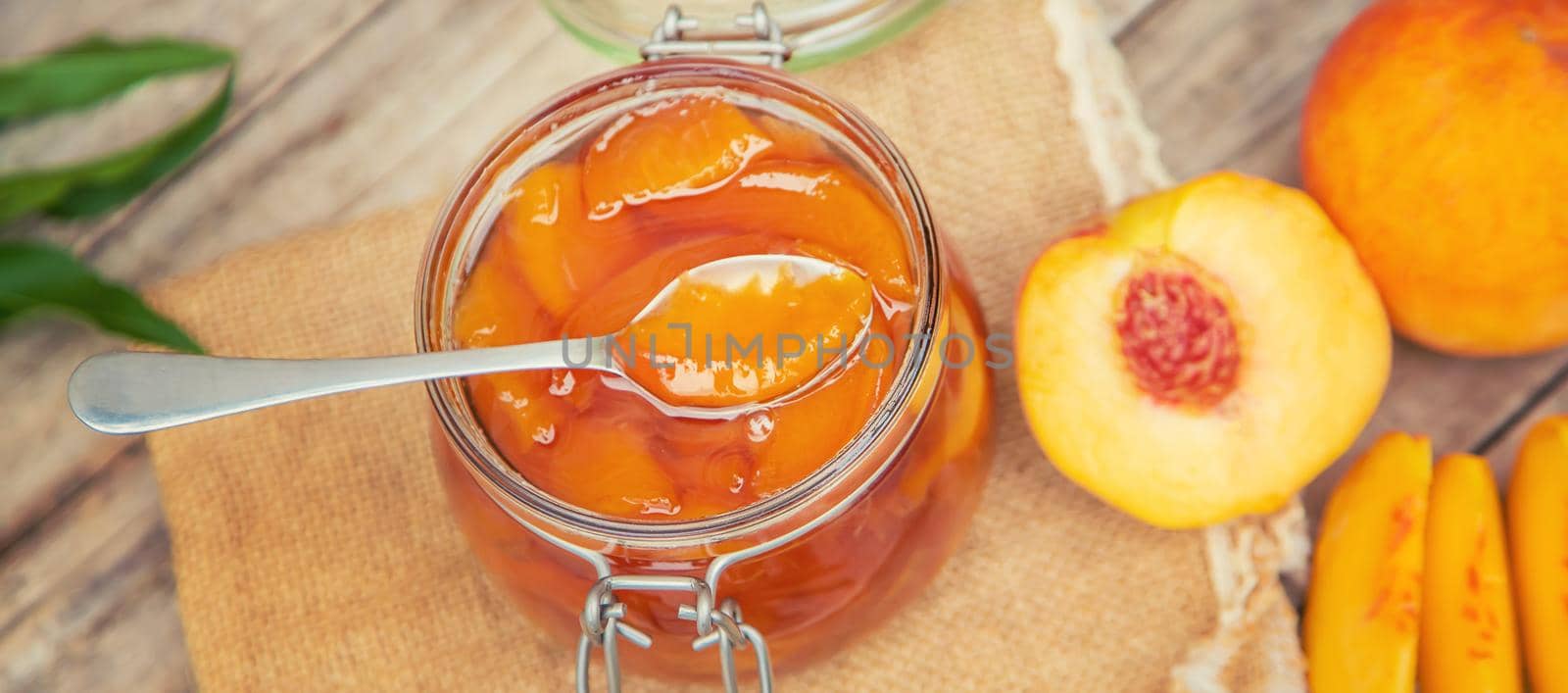 Preservation of peach jam. Selective focus. nature