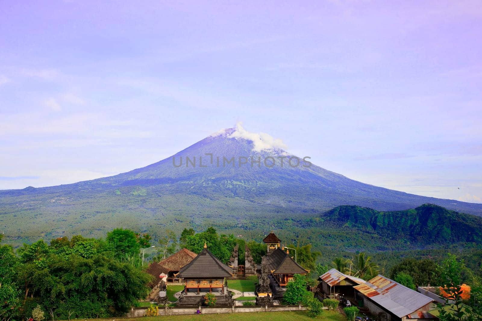 Pura Lempuyang temple with Mount Agung in the background in Bali, Indonesia