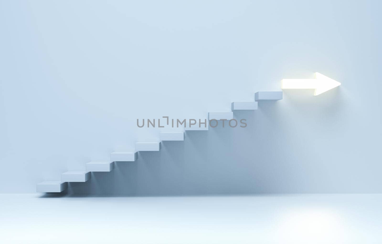 Stairs going upward, ascending stairs of rising staircase to arrow. business rise, forward achievement. 3d rendering.