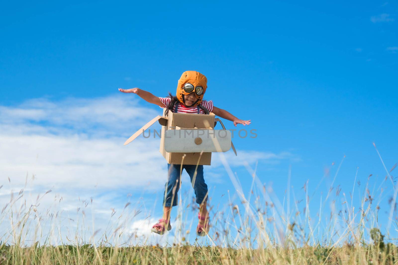 Cute dreamer little girl playing with cardboard planes in the meadow on a sunny day. Happy kid playing with cardboard plane against blue summer sky background. Childhood dream imagination concept. by TEERASAK