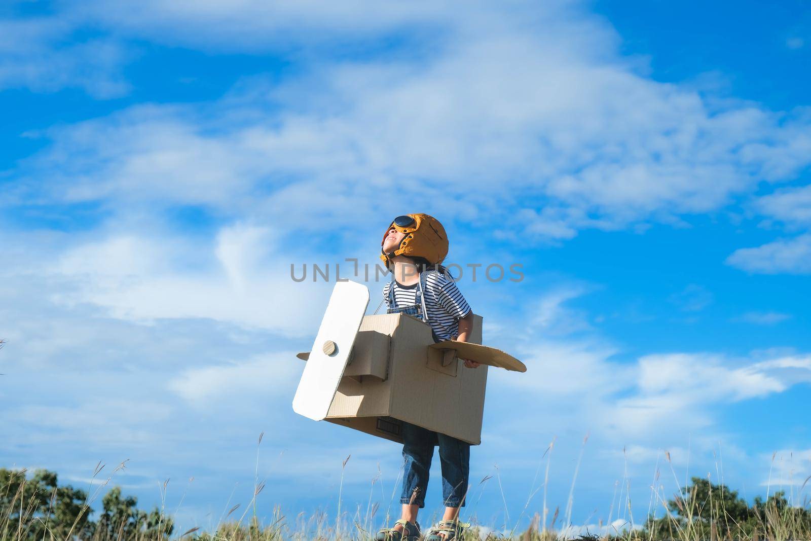 Cute dreamer little girl playing with cardboard planes in the meadow on a sunny day. Happy kid playing with cardboard plane against blue summer sky background. Childhood dream imagination concept. by TEERASAK