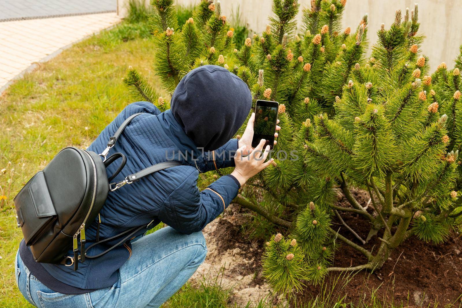 Young woman in hood and backpack photographs plant in park with smartphone. Girl is squatting and taking pictures. Selective focus.