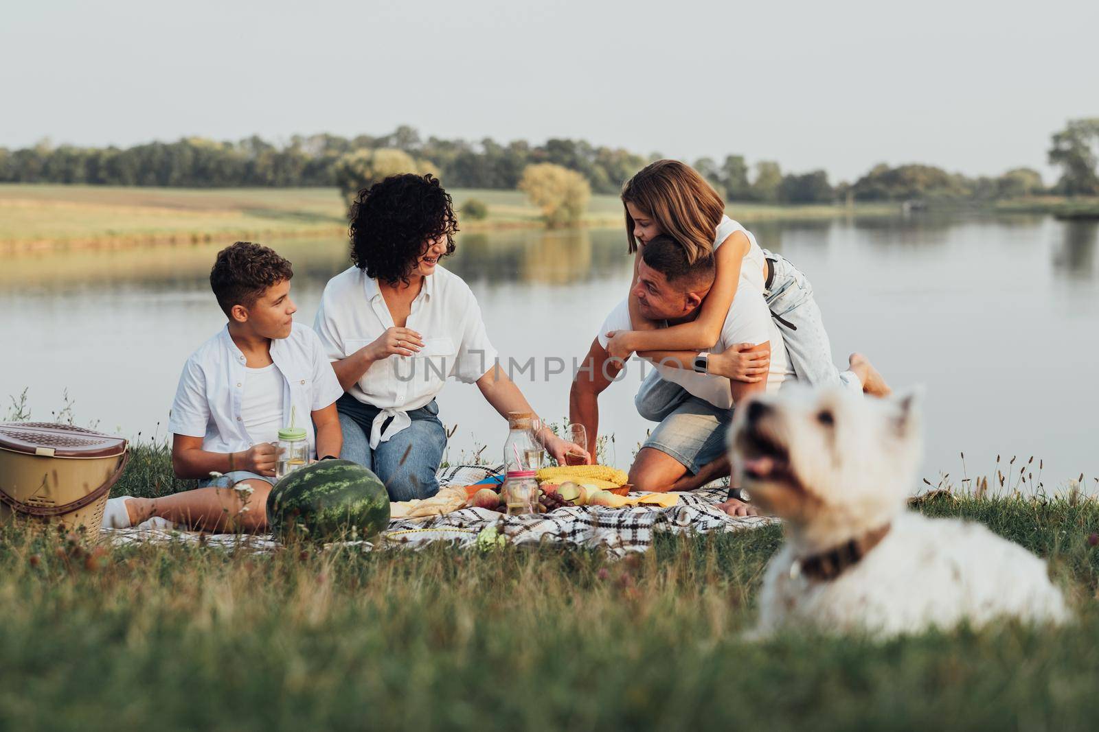 Happy Four Members Family with Dog Having Picnic at Sunset, Cheerful Mother and Father with Two Teenage Children and Pet Enjoying Weekend Outdoors by the Lake by Romvy