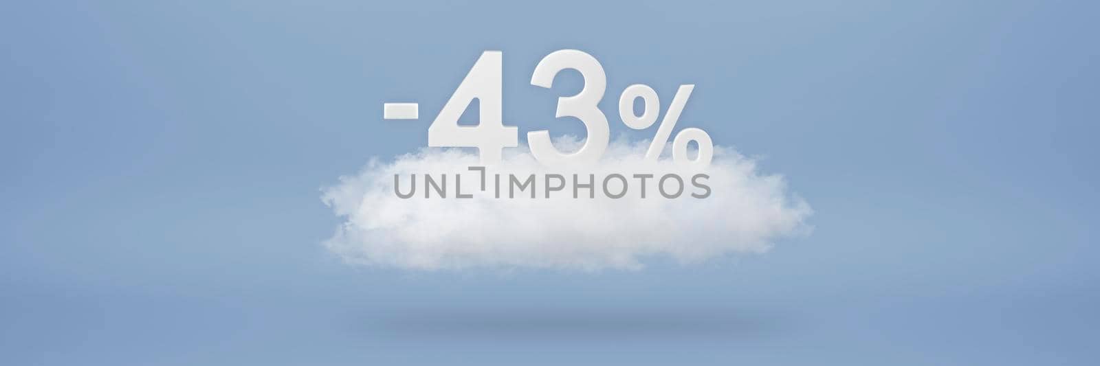 Discount 43 percent. Big discounts, sale up to forty three percent. 3D numbers float on a cloud on a blue background. Copy space. Advertising banner and poster to be inserted into the project by SERSOL