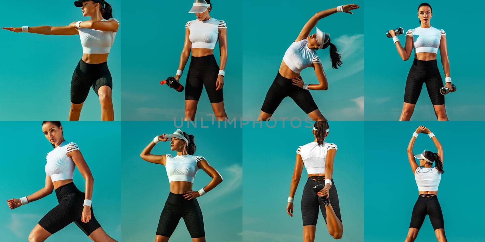 Fit woman athlete training on the blue sky background. The concept of a healthy lifestyle and sport. Individual sports recreation