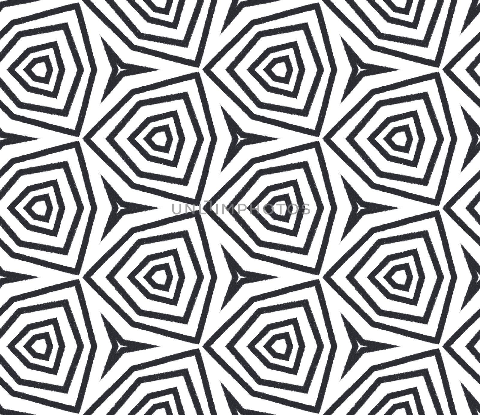 Geometric seamless pattern. Black symmetrical kaleidoscope background. Textile ready classy print, swimwear fabric, wallpaper, wrapping. Hand drawn geometric seamless design.