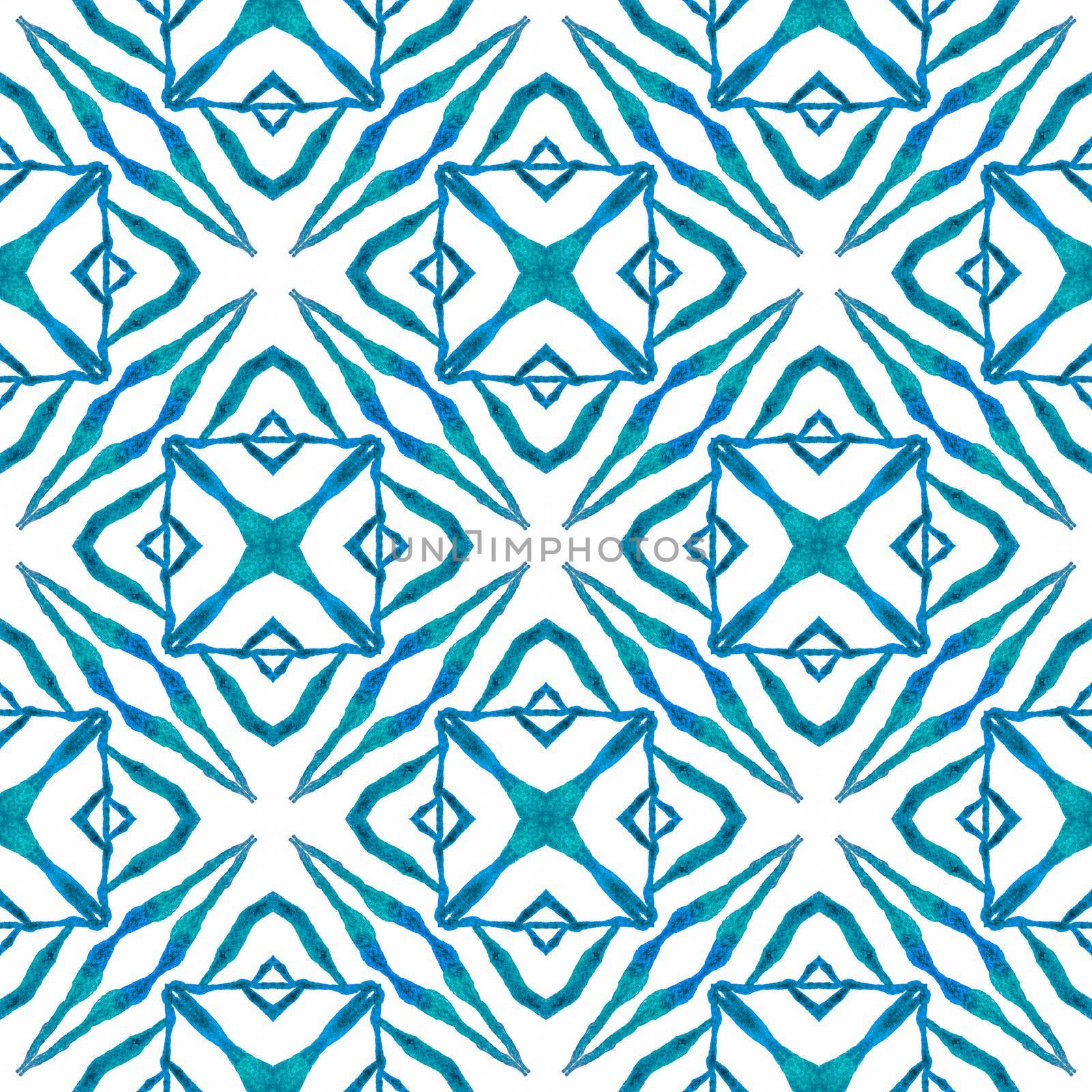 Hand drawn tropical seamless border. Blue mesmeric boho chic summer design. Tropical seamless pattern. Textile ready enchanting print, swimwear fabric, wallpaper, wrapping.