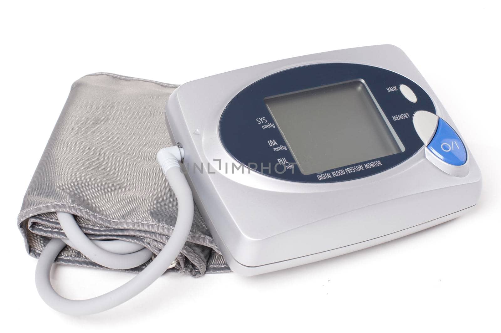 Digital blood pressure monitor on white background by Jyliana