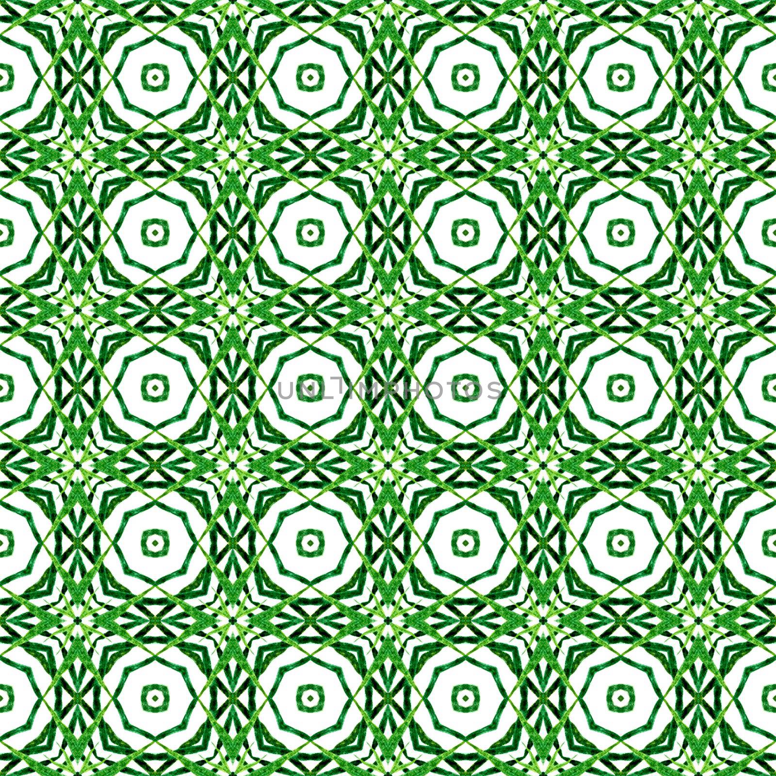 Mosaic seamless pattern. Green wondrous boho chic summer design. Textile ready eminent print, swimwear fabric, wallpaper, wrapping. Hand drawn green mosaic seamless border.