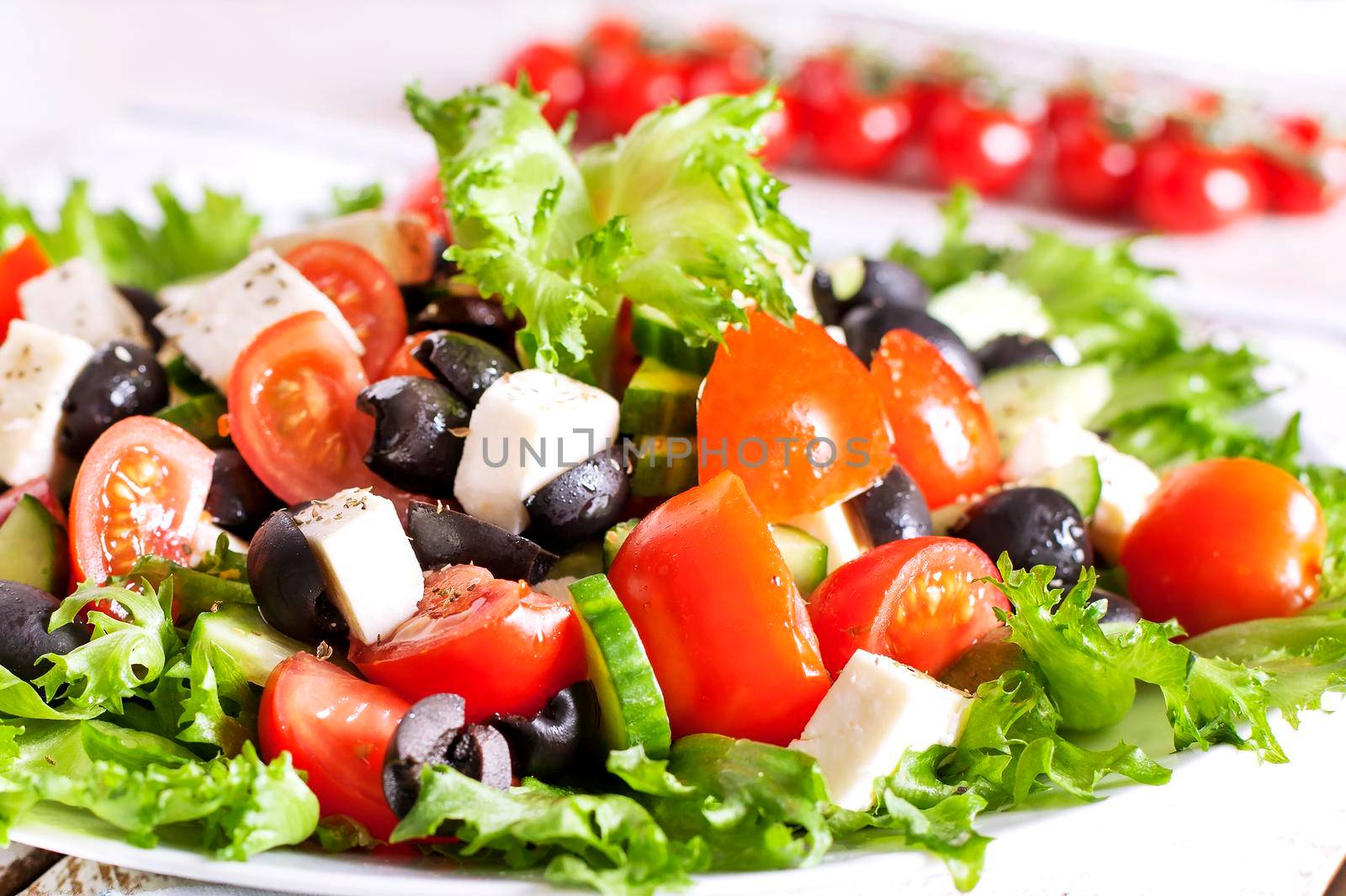 Greek salad in red boul close - up - Stock image