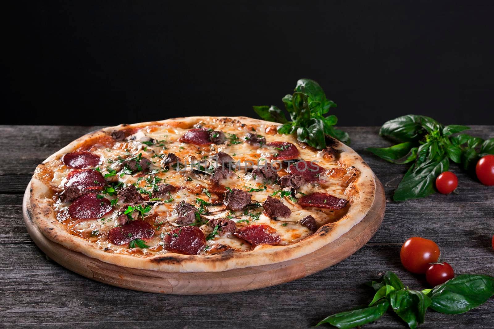 Pepperoni Pizza with salami, mushrooms , meat , beef and green o by Jyliana