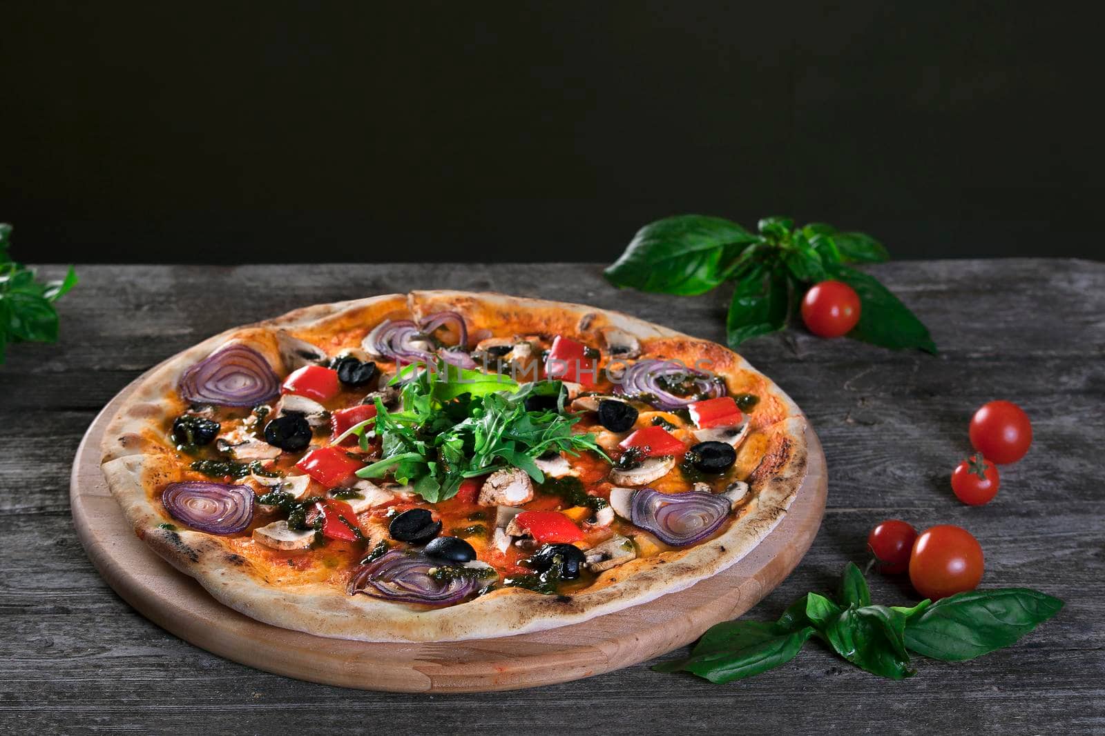 Pizza with onions , black olives , peppers , mushrooms on the wo by Jyliana