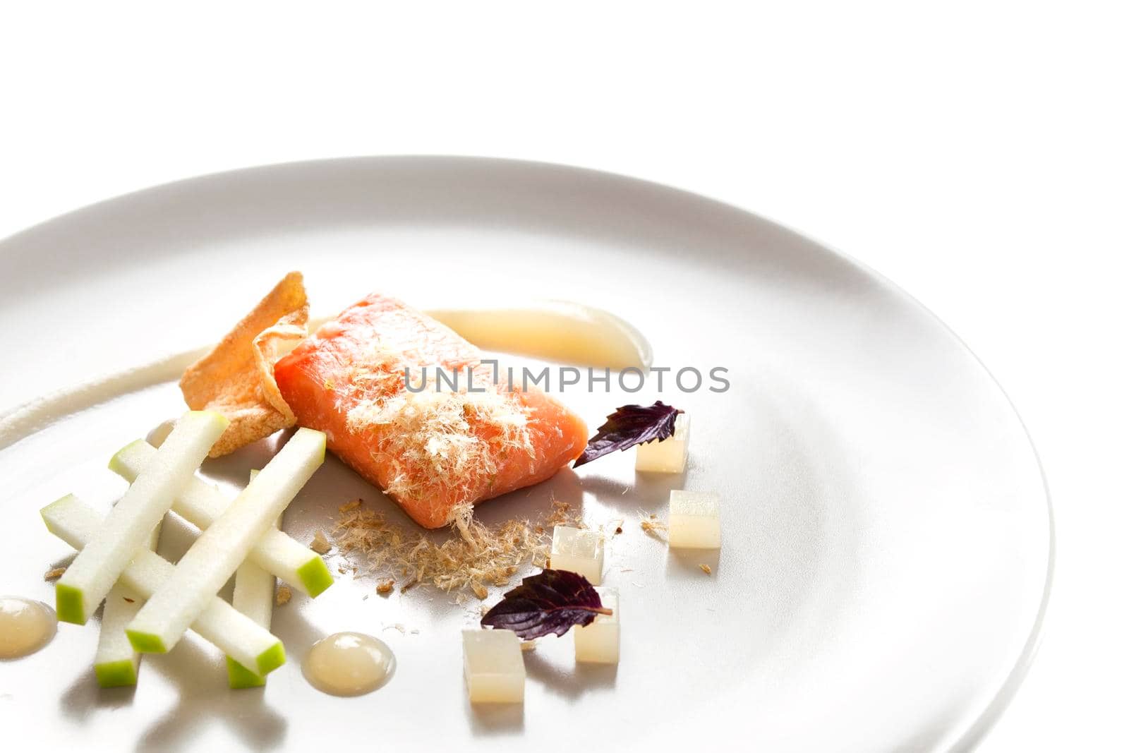 Molecular modern cuisine red fish in a dish with beautiful garnish close up. Isolated