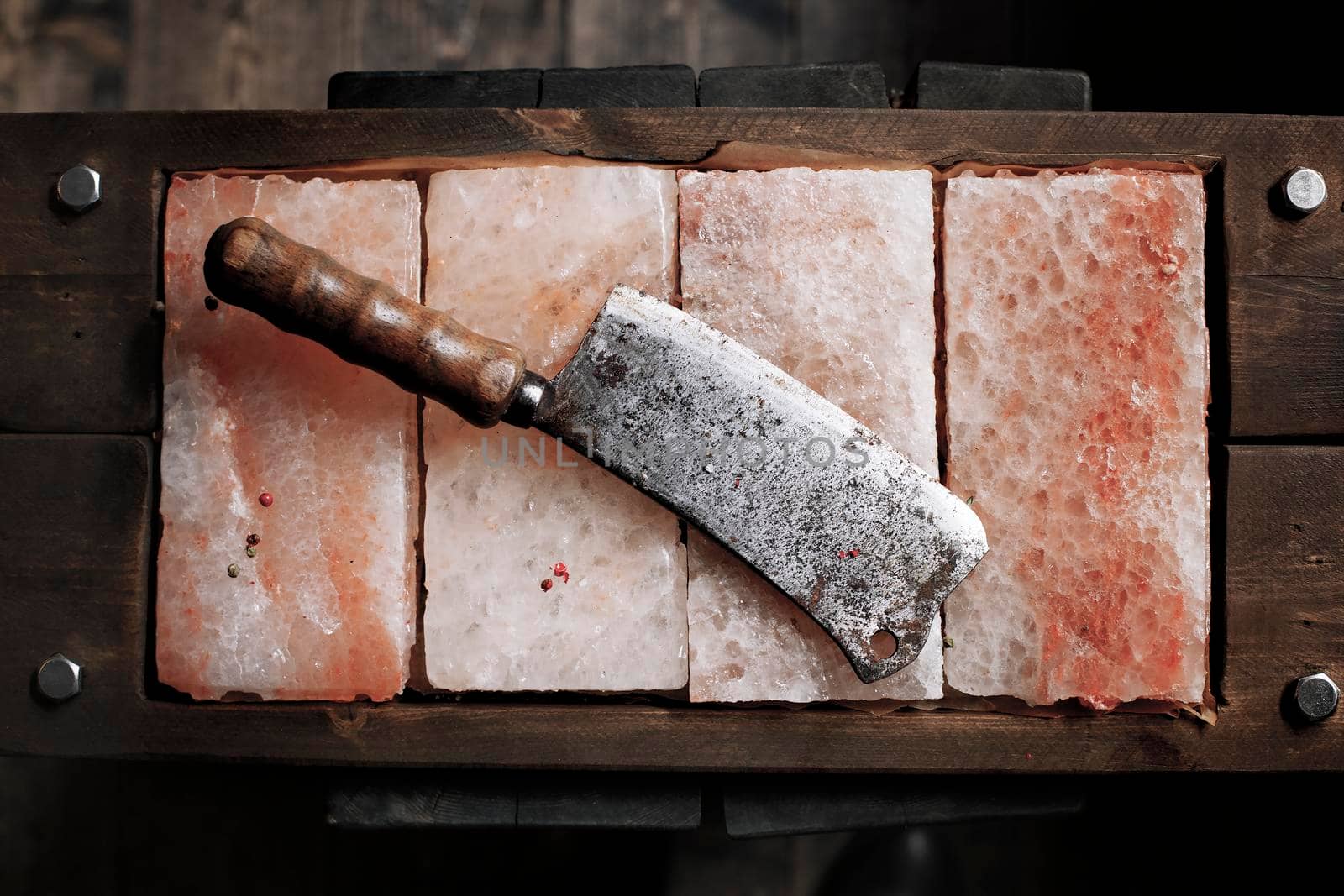 Vintage Meat cleaver on Himalayan pink salt. by Jyliana