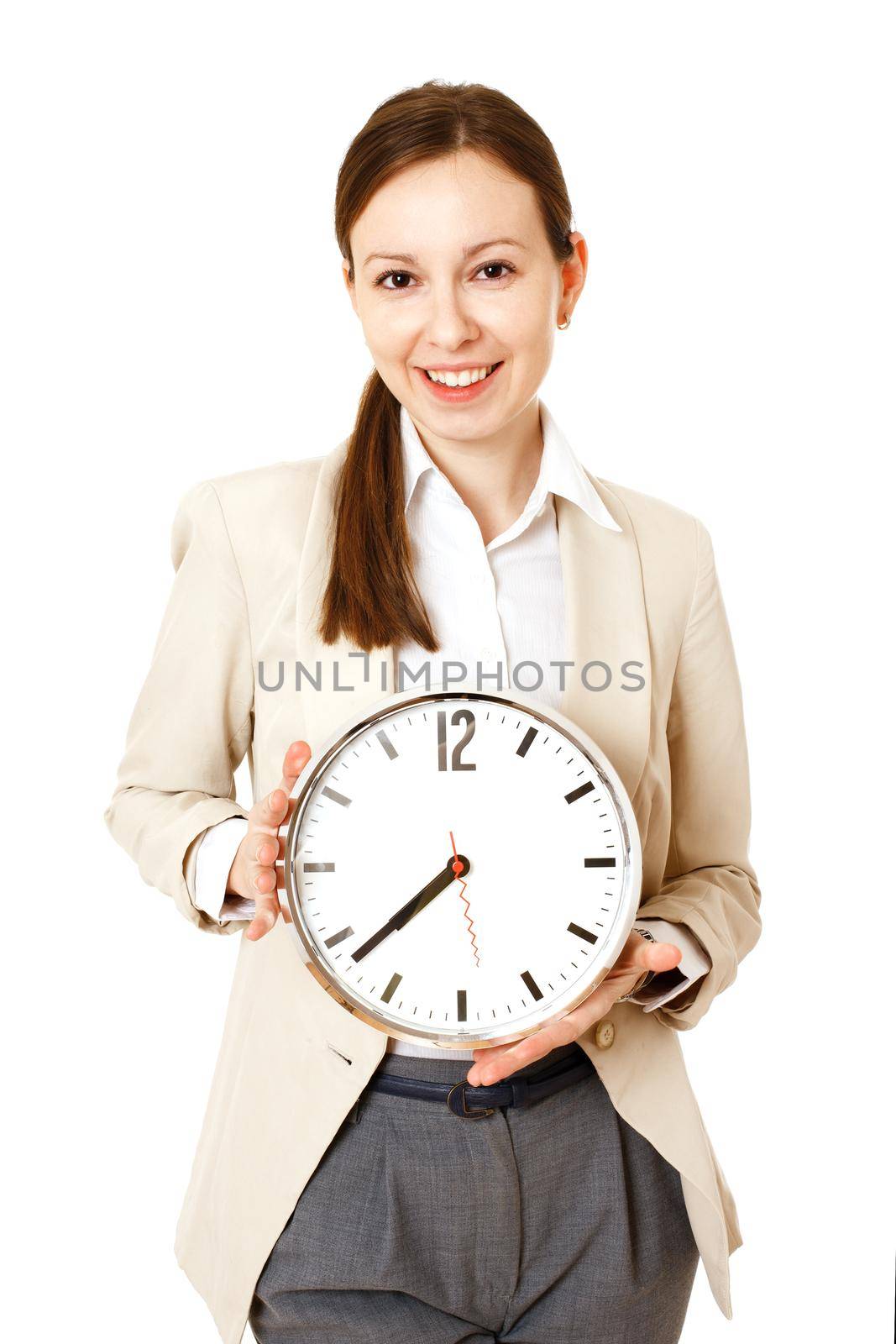 businesswoman holding clock. isolated by Jyliana