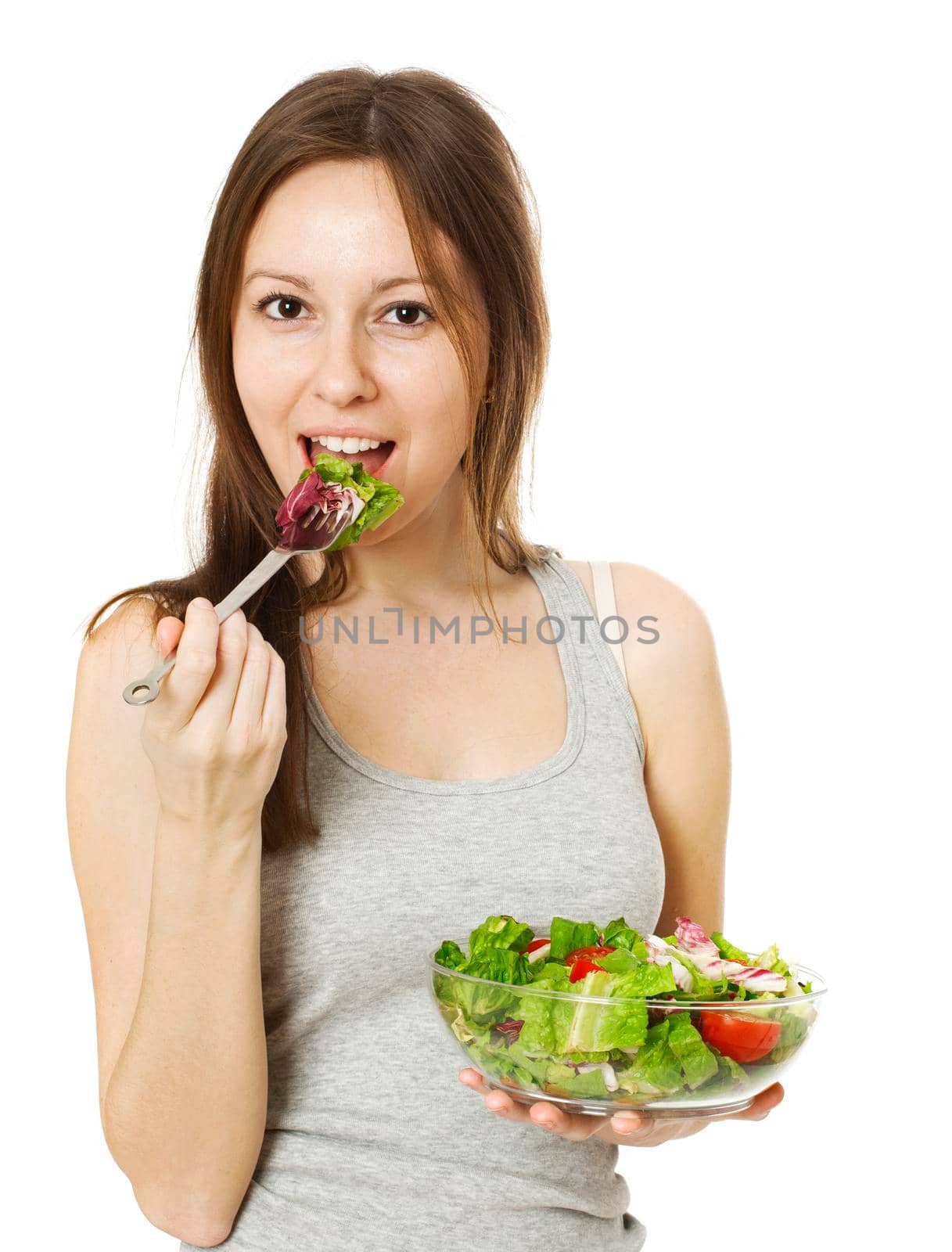 Happy Woman with bowl of salad have fan, isolated on white.