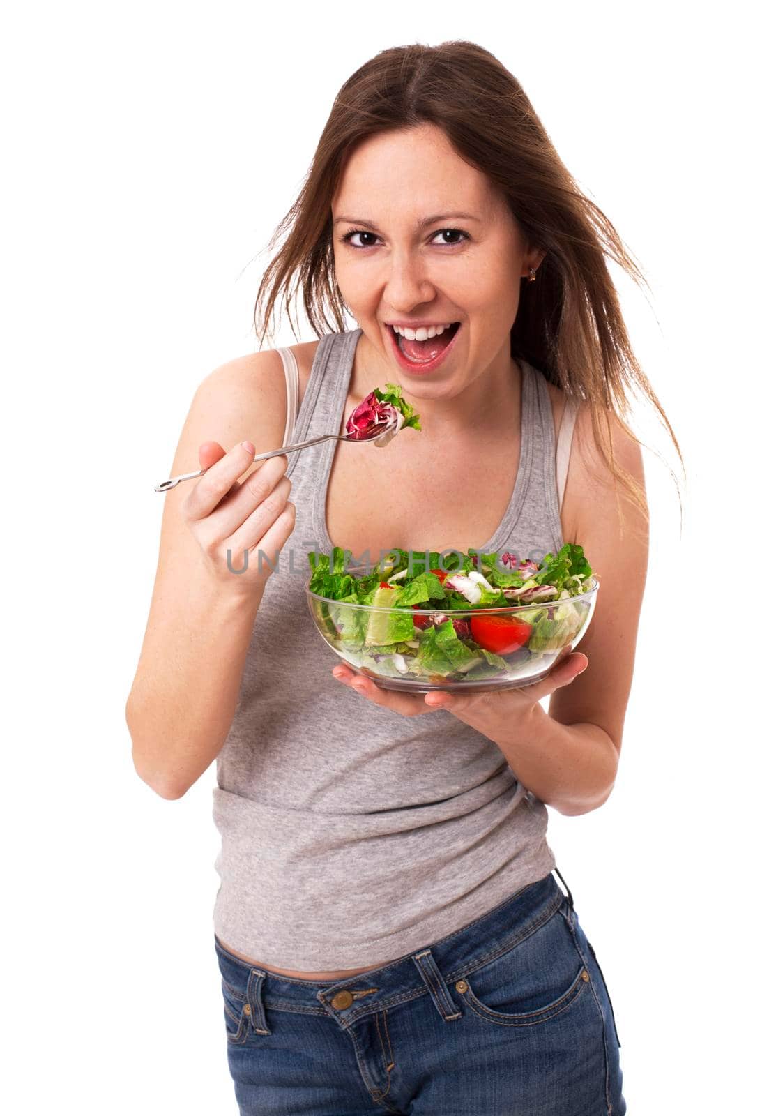 Happy Woman with bowl of salad have fan, isolated on white.