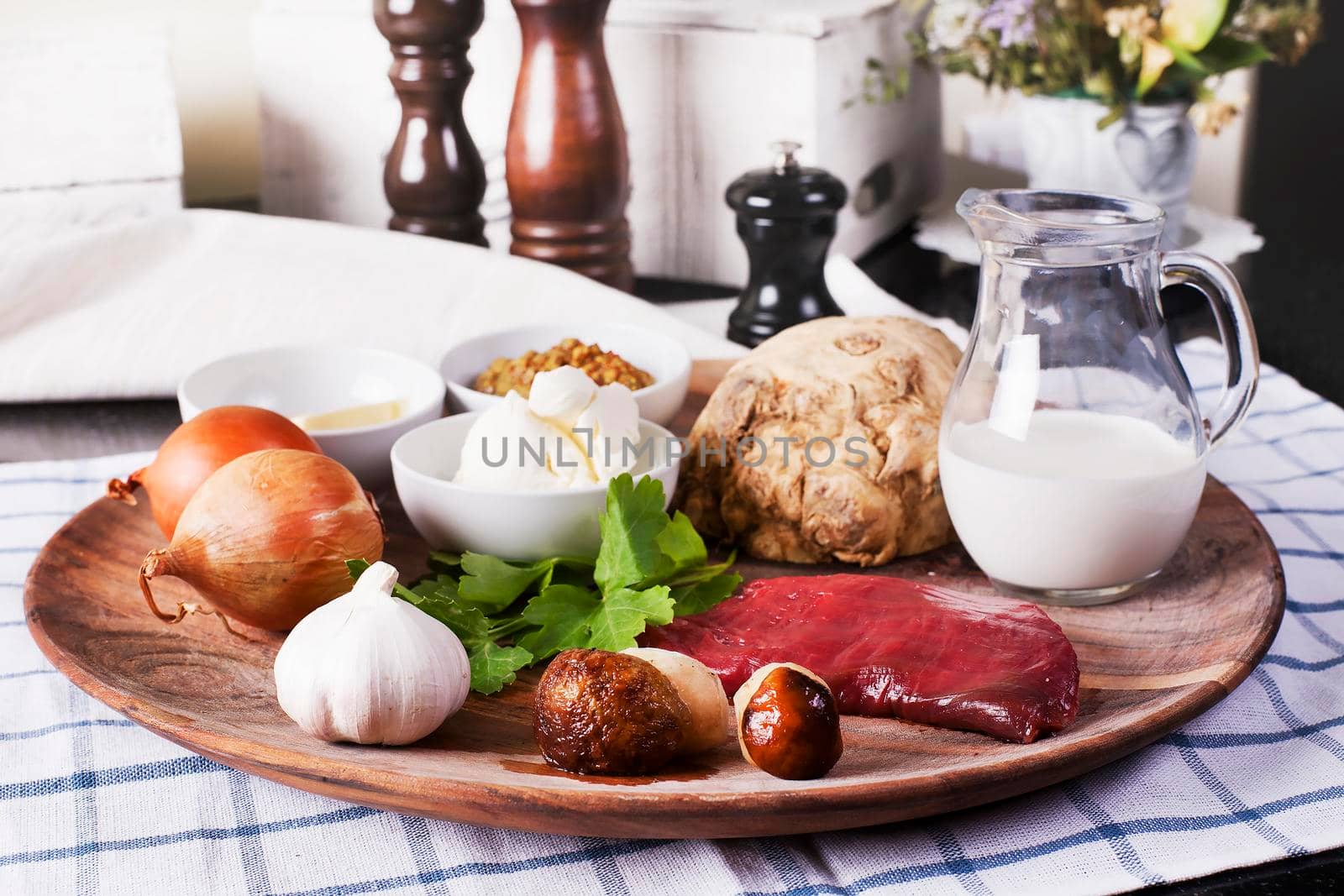 Assorted raw ingredients for Beef Stroganoff with mashed potatoes or celery - Stock image