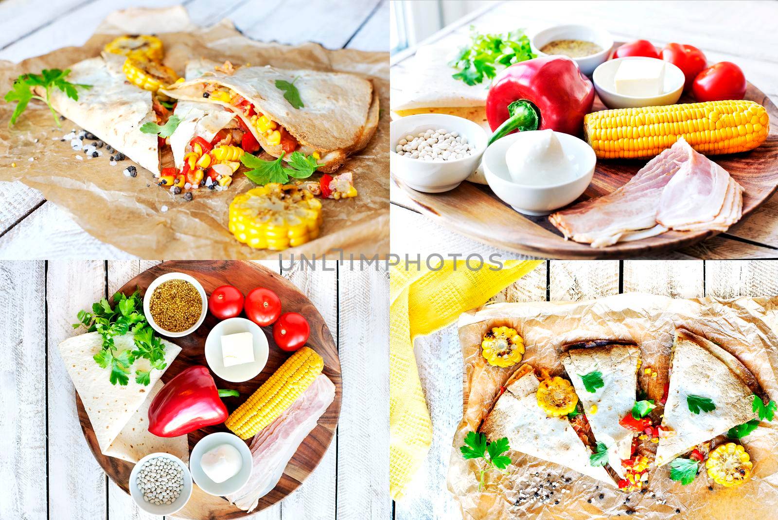 Collage. Ingredients for cooking Mexican Quesadilla wrap with vegetables, corn, sweet pepper and sauces on the parchment and table. horizontal view.