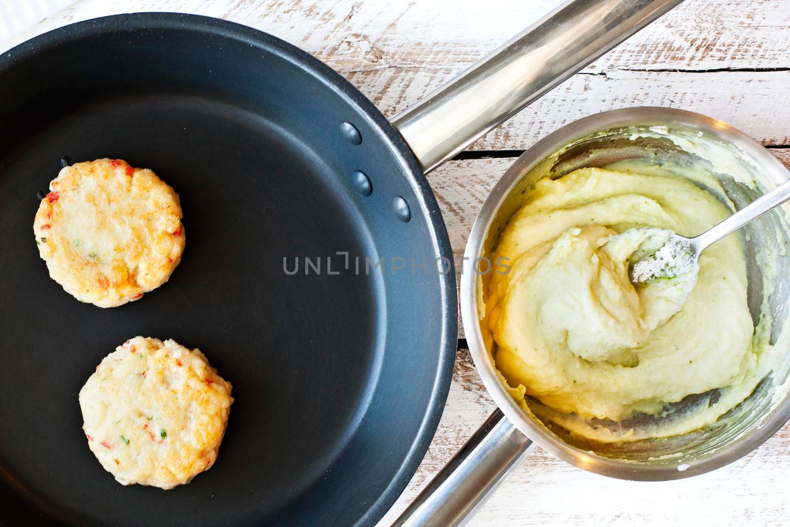 Cutlet with mashed potatoes on a pan by Jyliana