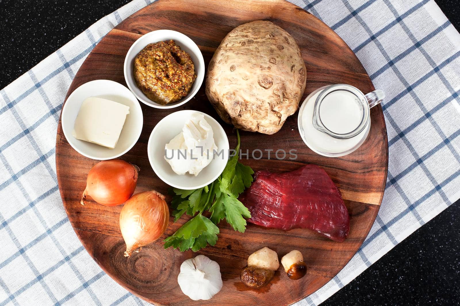Assorted raw ingredients for Beef Stroganoff with mashed potatoes or celery. Top view - Stock image