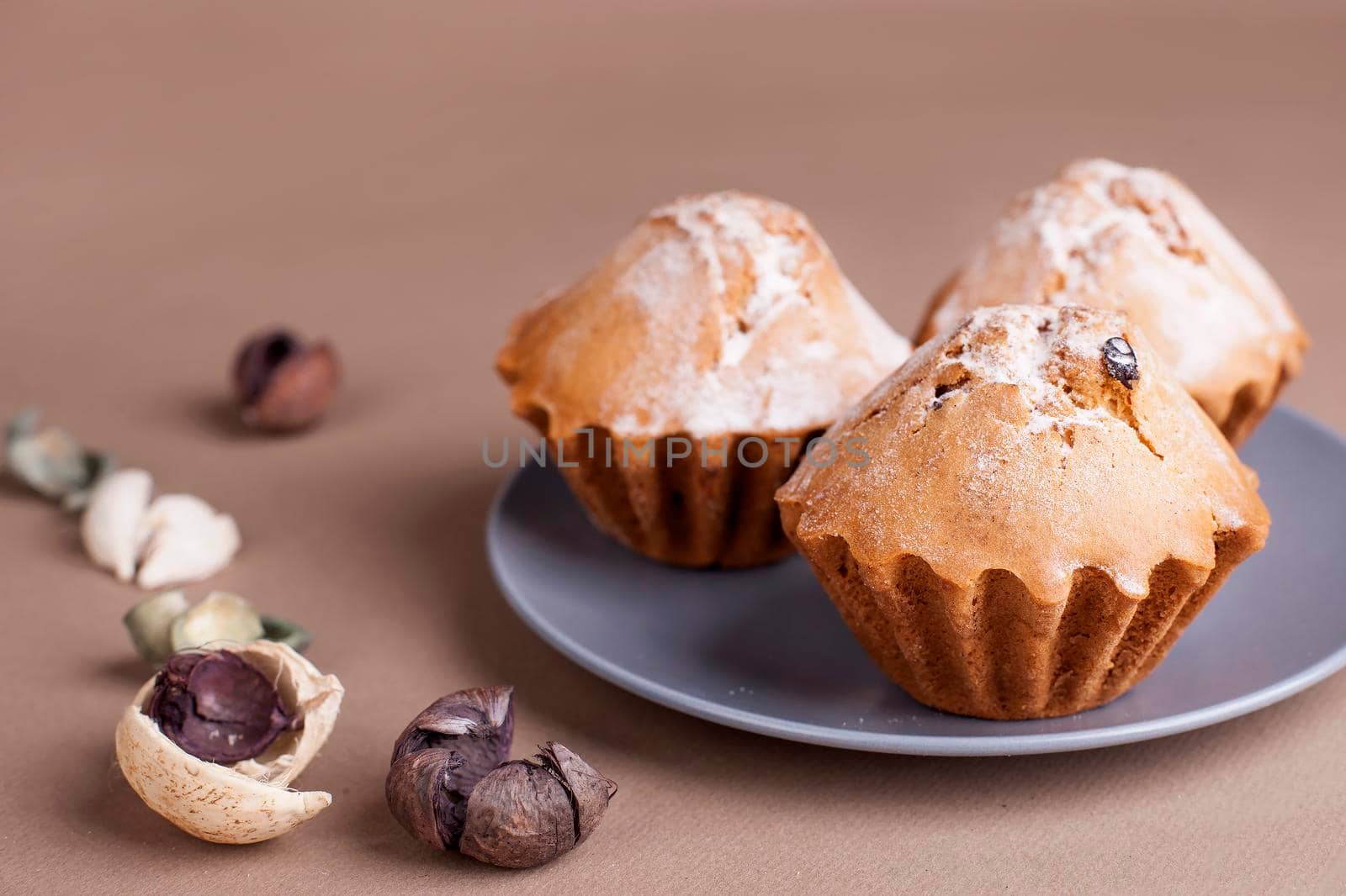 Muffin cakes on a grey plate. Beige - coffee background.