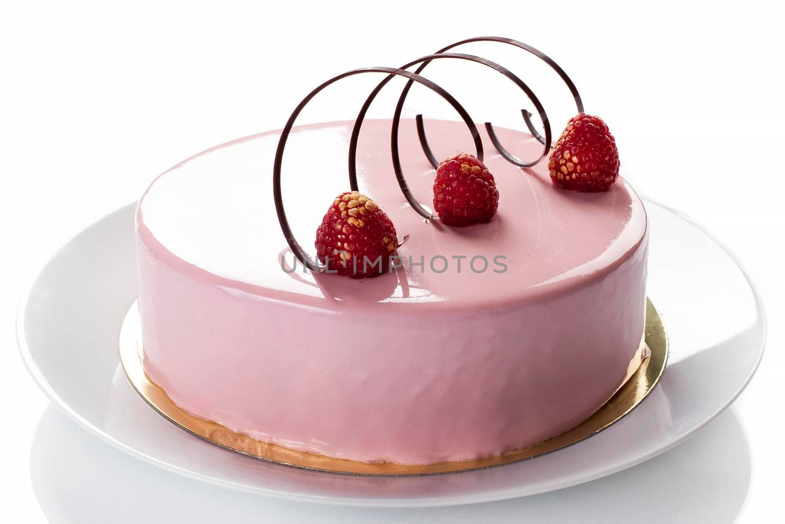 Pastry: raspberry Cake with Jellies and souffle. Isolated on white - Stock image