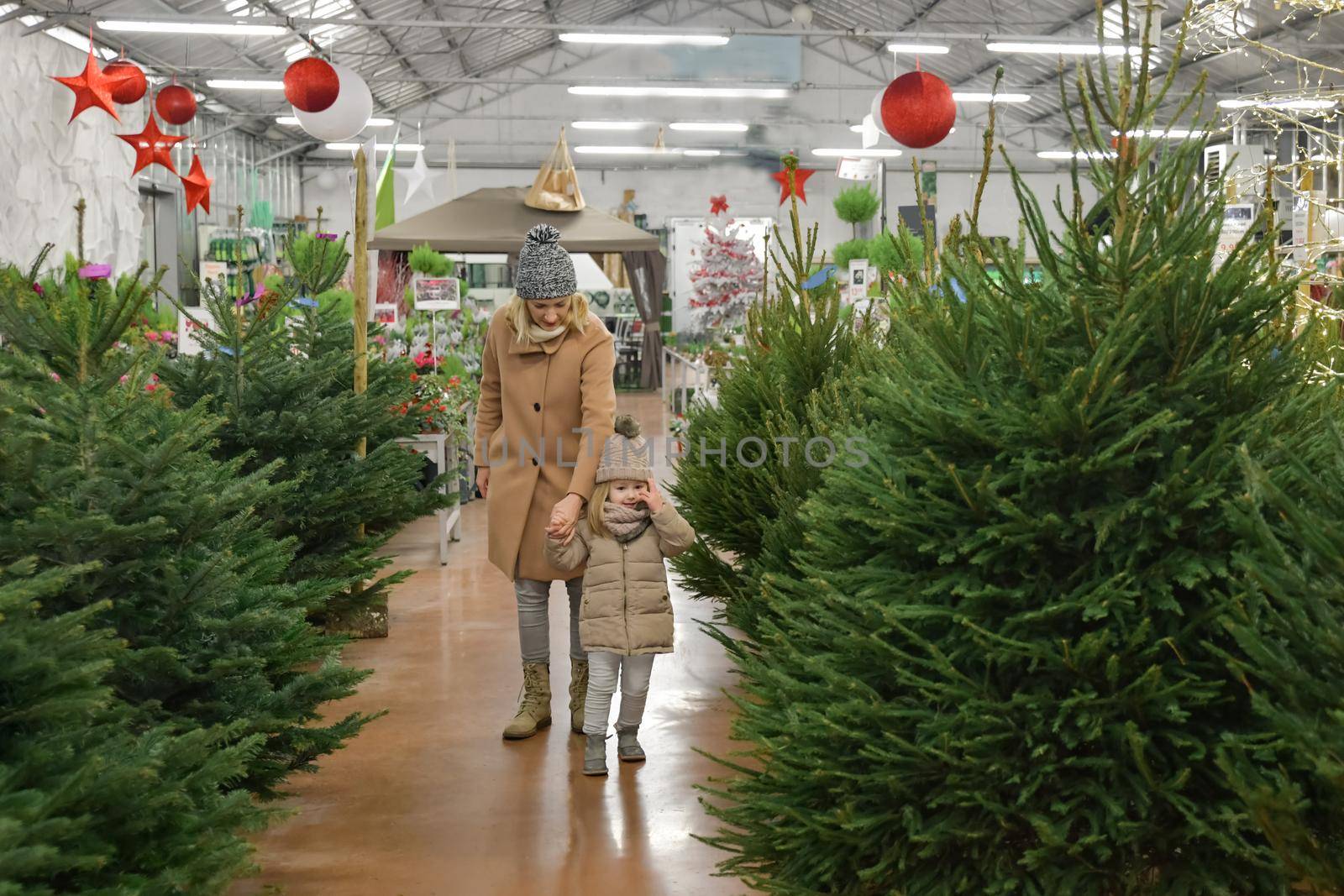 Mother and daughter choose a Christmas tree in the market.