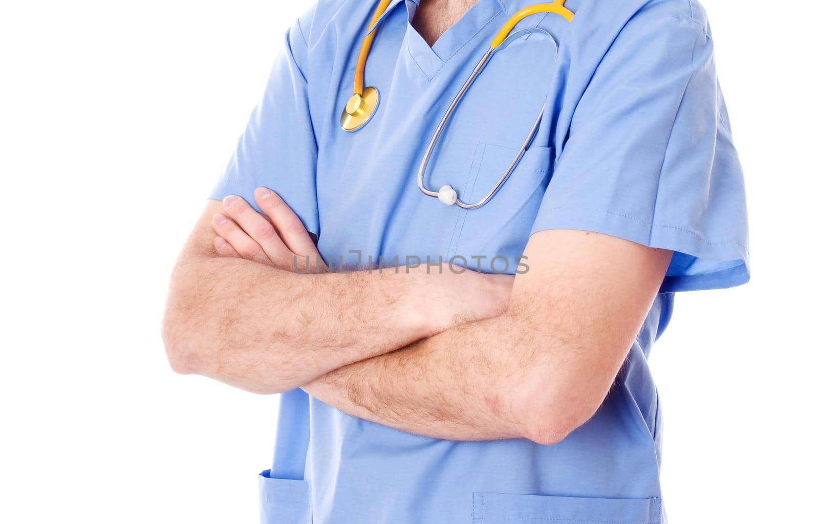 Male doctor with stethoscope, isolated on white.