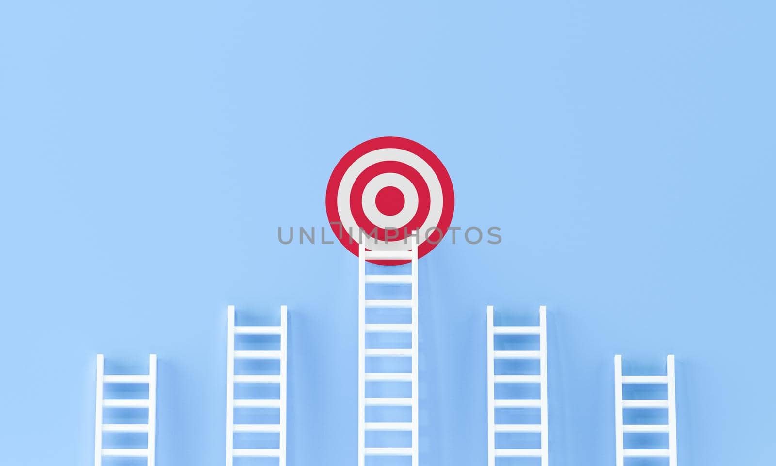 Target ladder achievement concept on blue wall studio background. target, success concept with copy spaces for text. 3d rendering.