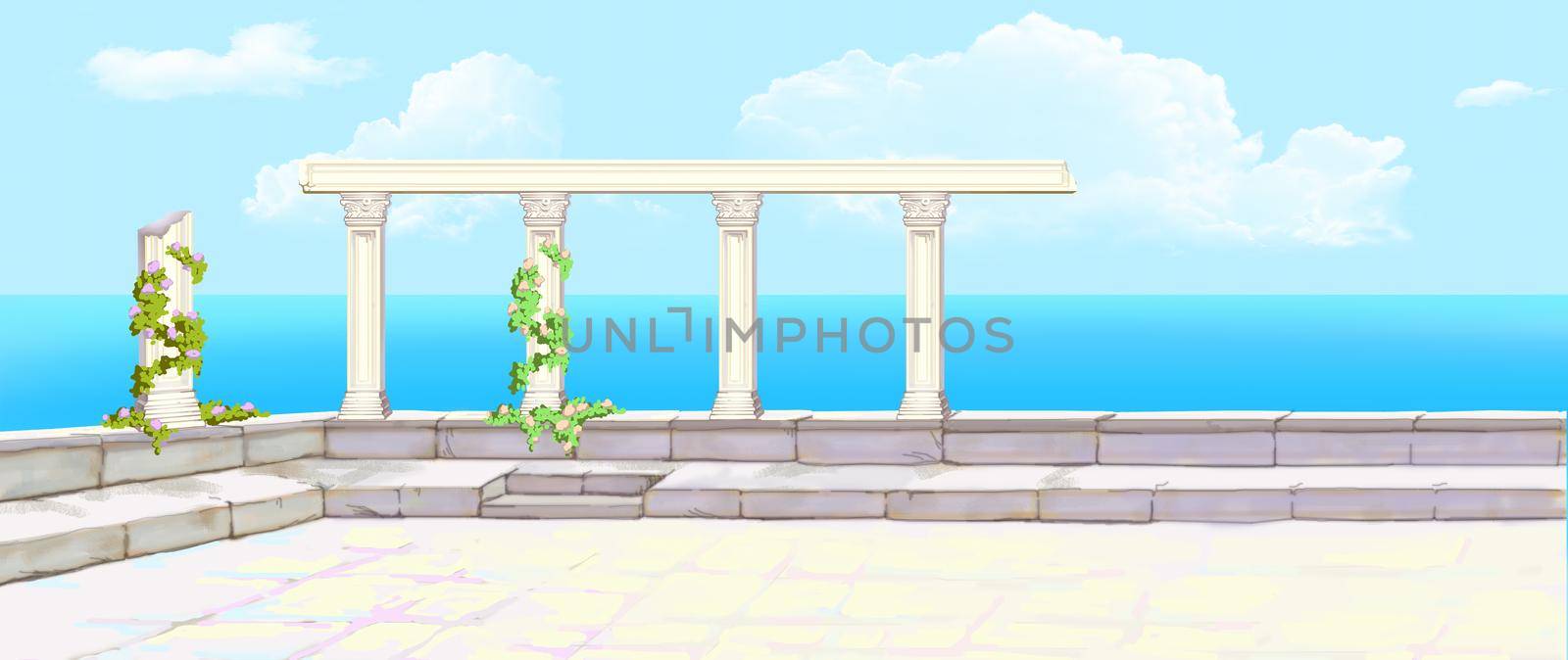 Antique terrace with sea view on a sunny summer day. Digital Painting Background, Illustration.