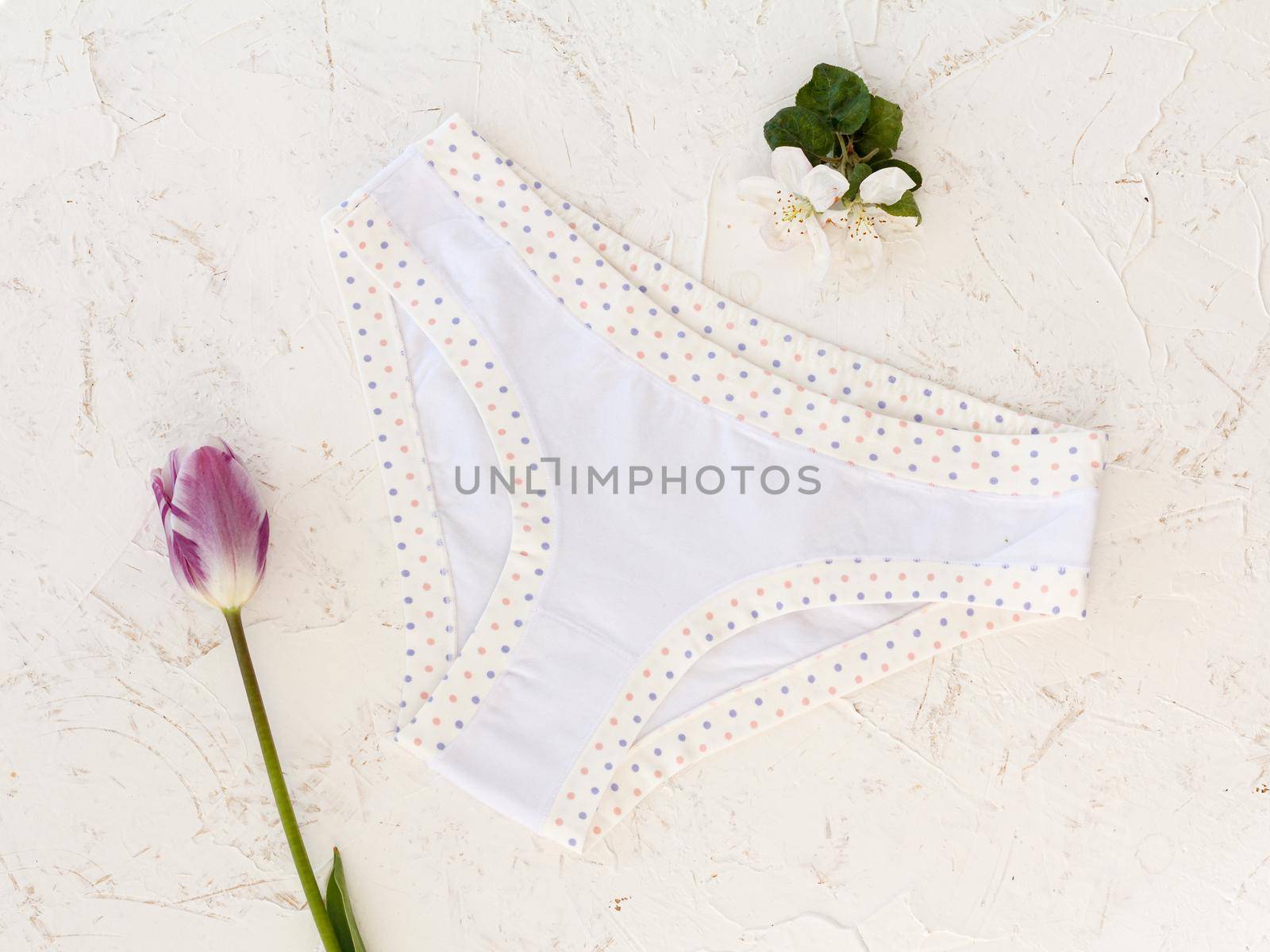 White cotton panties with a tulip and flowers of an apple tree on the white background. Woman underwear set. Top view.