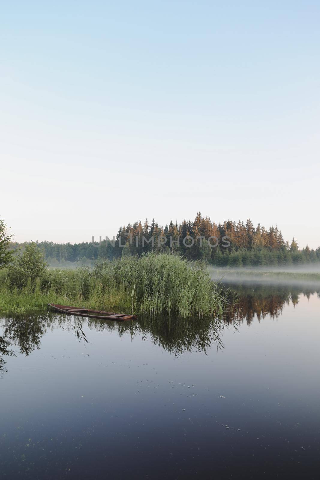 summer evening twilight view on picturesque plain lake surface with reflections of sky and trees.