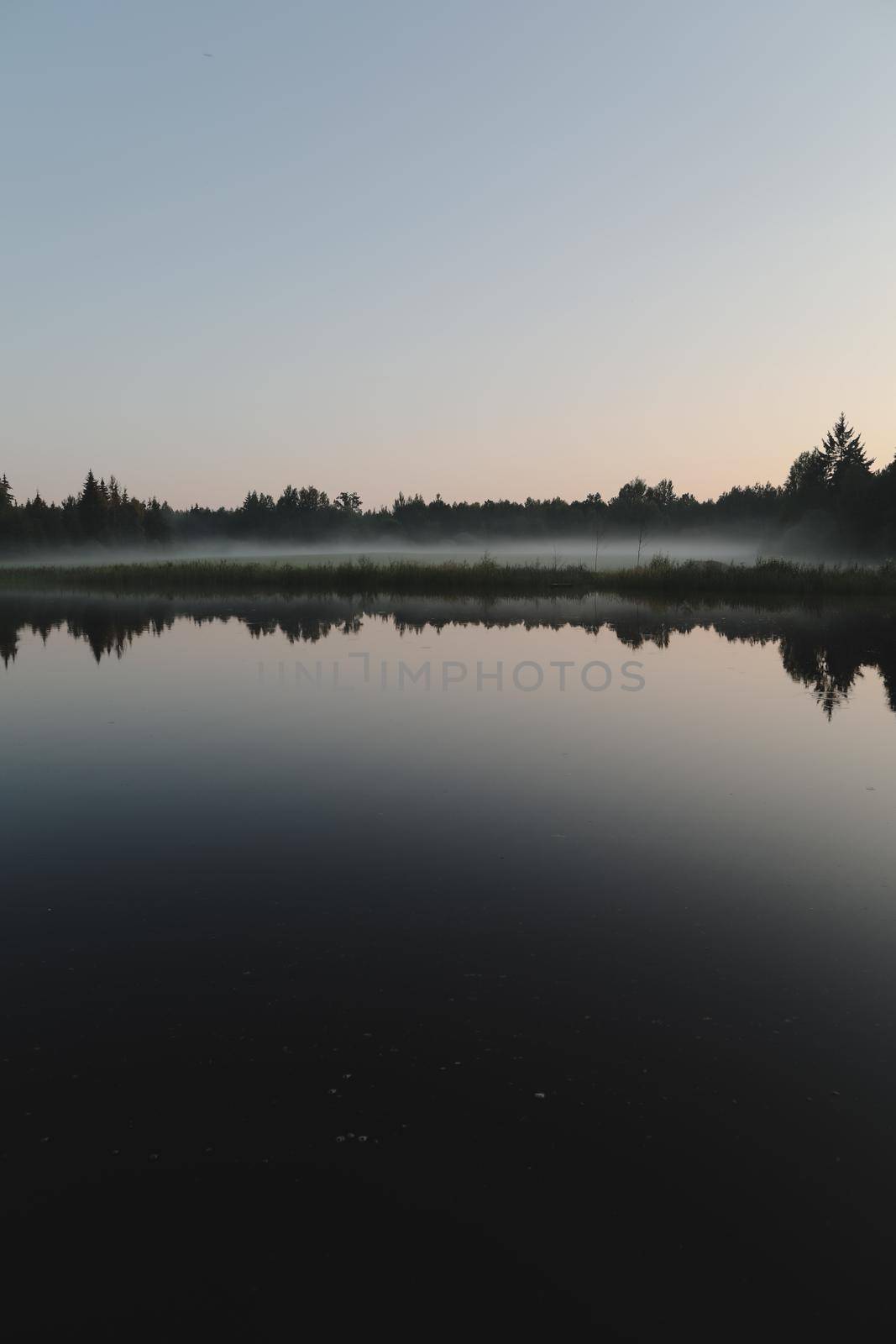 summer evening twilight view on picturesque plain lake surface with reflections of sky and trees.