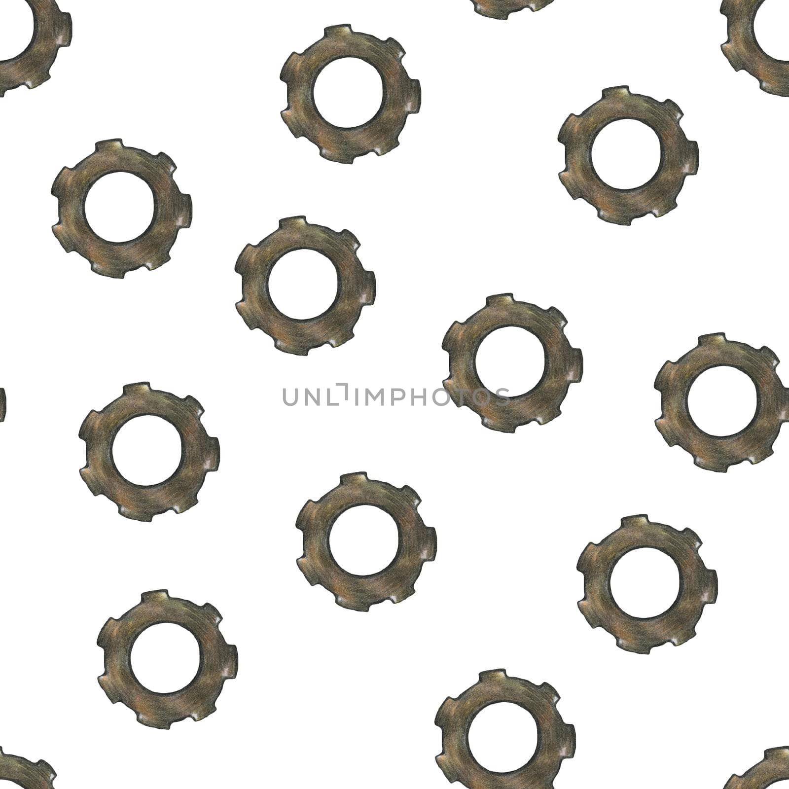 Hand-Drawn Steampunk Gear Transmission Element Seamless Pattern on White Background. Digital Paper with Metal Gear Illustration Drawn by Colored Pencil.