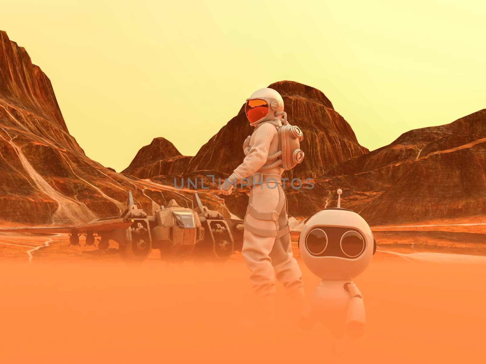 Astronaut and small robot at the spacewalk on a desert planet with spaceship at the back by ankarb
