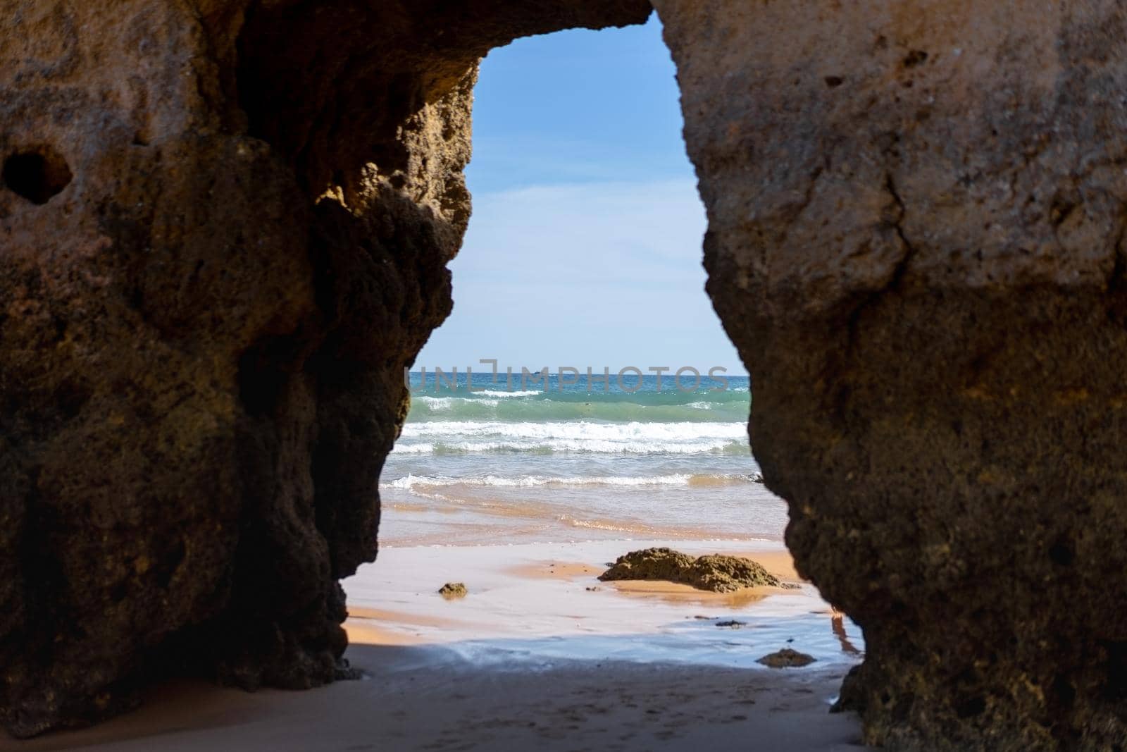 The rocky cliffs of Vale do Olival beach in Armacao de Pera, Portugal. High quality 4k footage